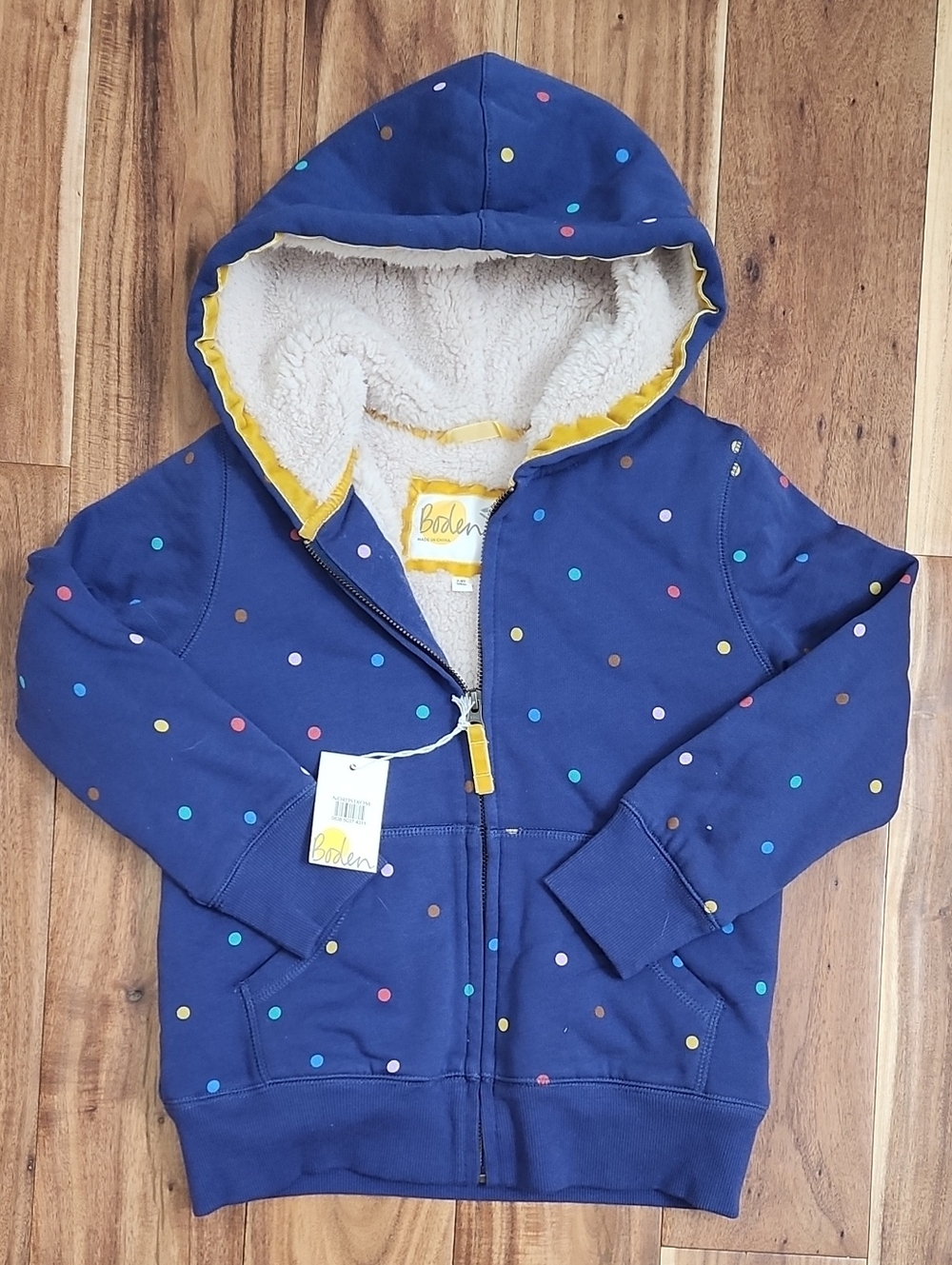 NWT Mini Boden Navy Polka Dot Sherpa-Lined Hoodie.